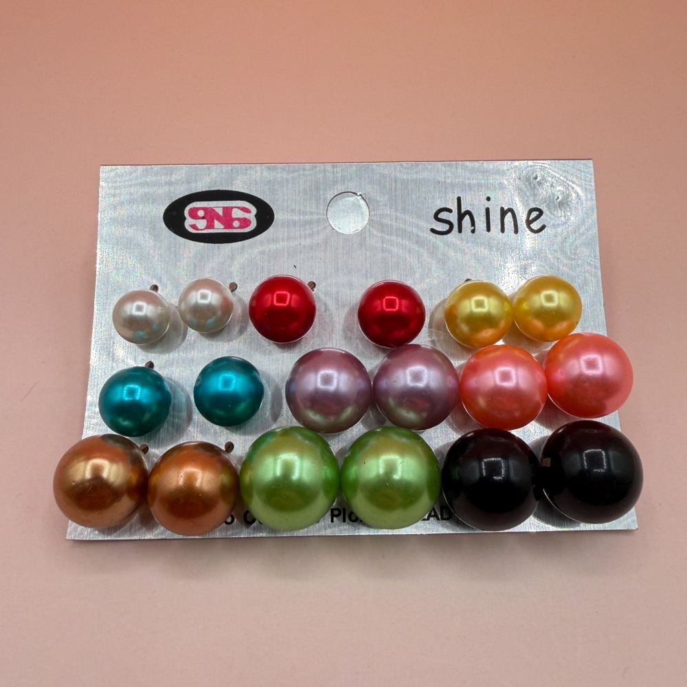 SNS Shine 9 Pair Faux Pearl Stud Earrings Multicolor Assorted Statement Set